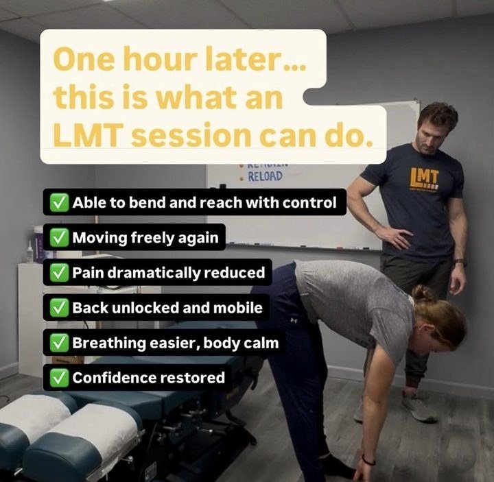The same patient one hour later: able to bend and reach with control, moving freely, pain reduced