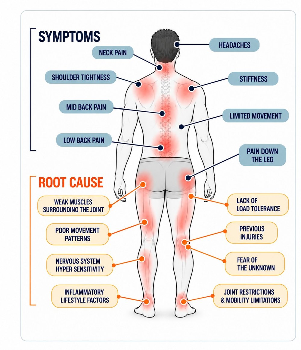 Diagram: symptoms such as neck pain, low back pain, stiffness and pain down the leg, linked to root causes such as weak muscles around the joint, poor movement patterns, lack of load tolerance, previous injuries and joint restrictions